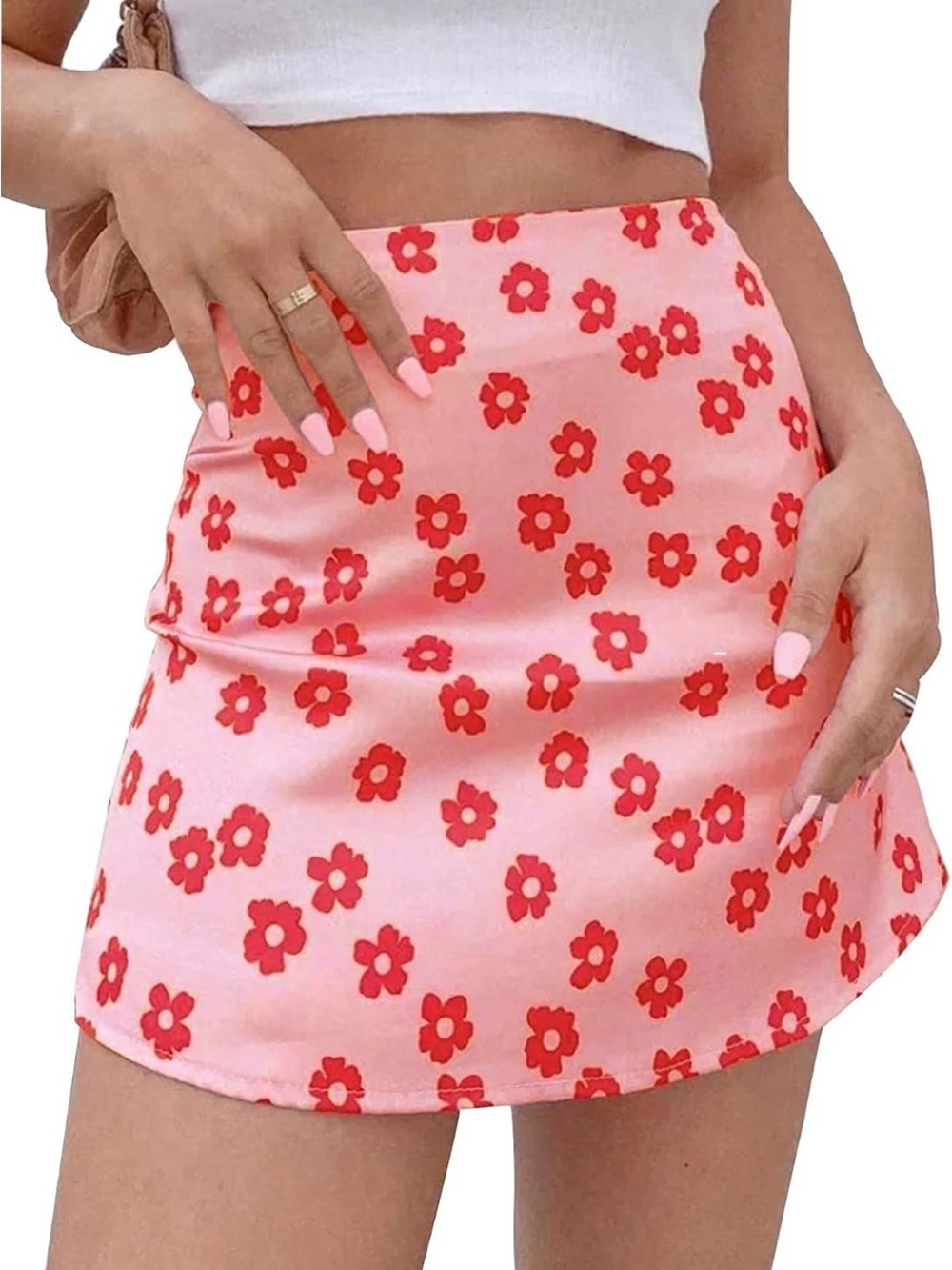 Amazon Pink Mini Skirt with Red Floral Print